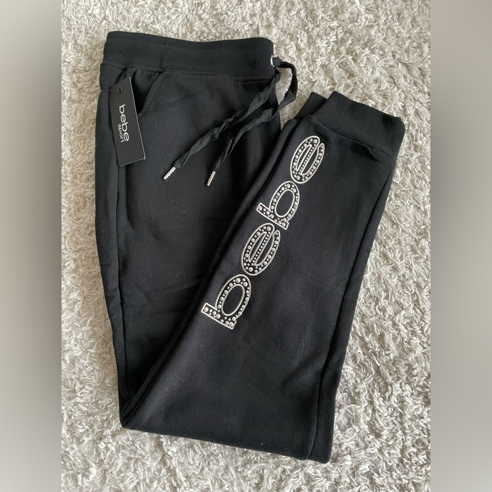 NWT BEBE JOGGERS DRAW STRING WAIST, SIZE US L, BLACK/SILVER - Picture 1 of 9